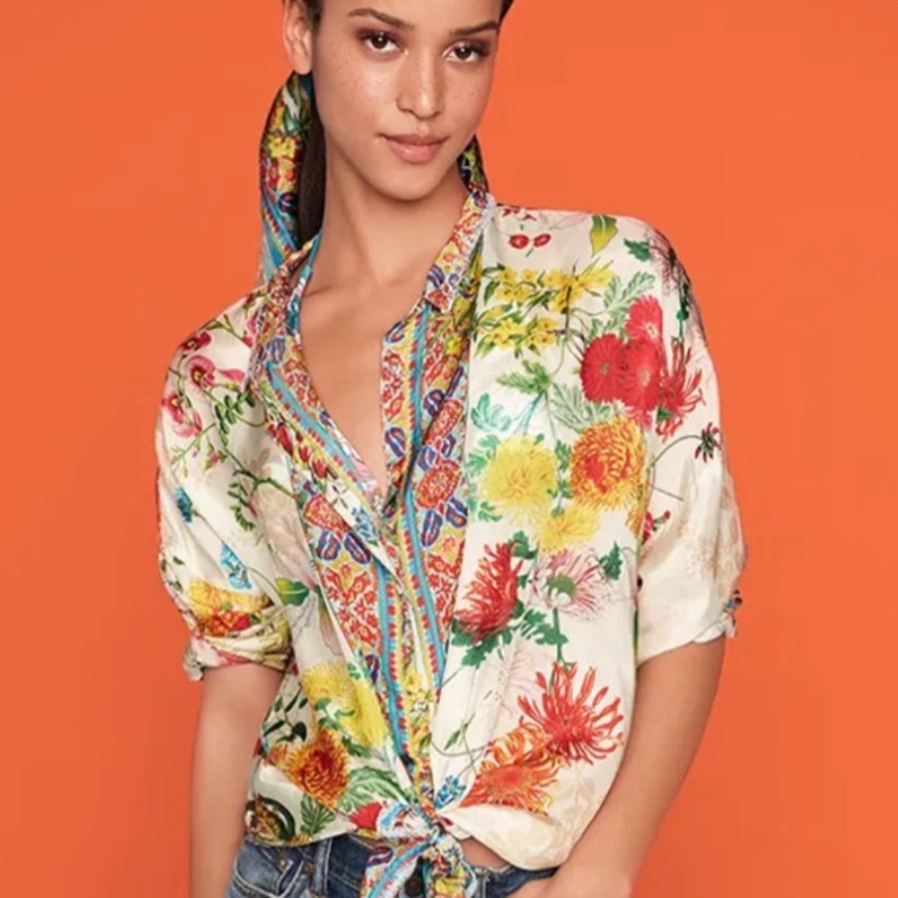 Johnny Was Jaffa Silk Button Down Blouse